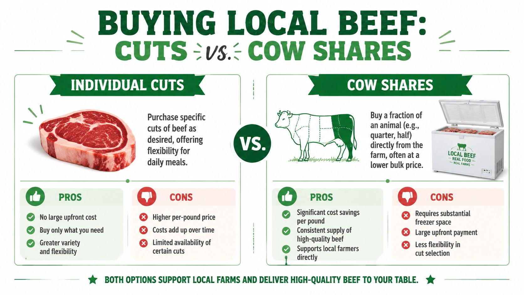 A comparison chart showing the benefits and drawbacks of purchasing individual beef cuts versus buying cow shares.