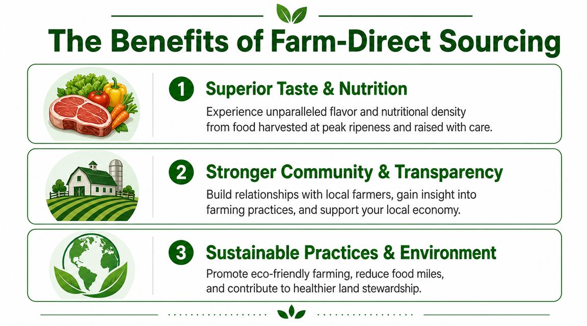 An infographic detailing three key benefits of farm-direct sourcing for better taste, community, and sustainability.