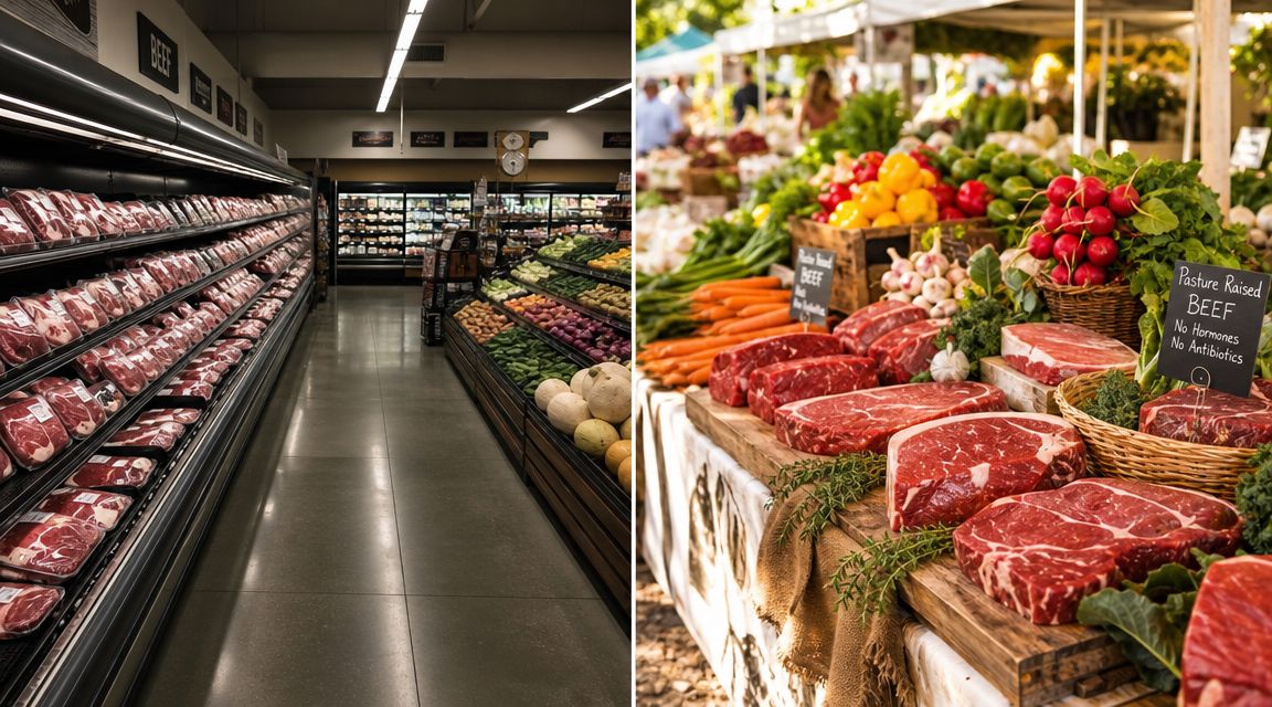 A split view comparing a organized supermarket meat aisle with a rustic farm fresh produce and beef stand.