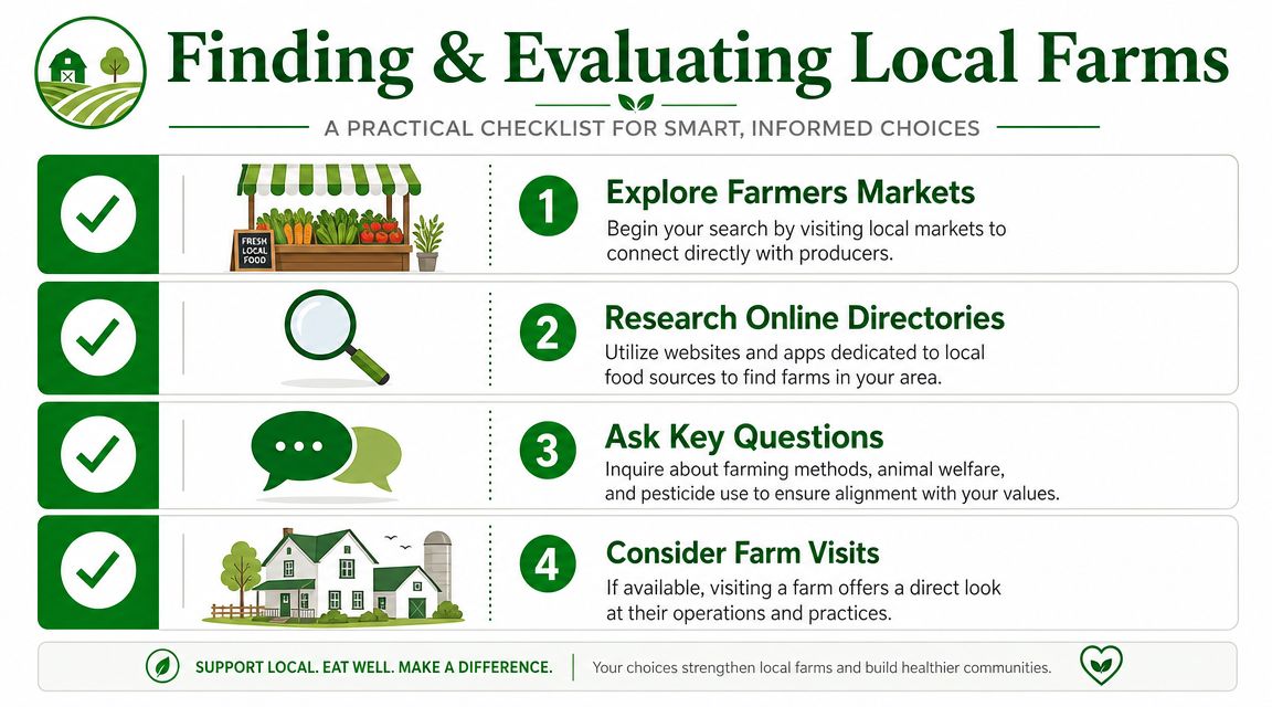 A checklist infographic titled Finding & Evaluating Local Farms, featuring four steps for sourcing local food.
